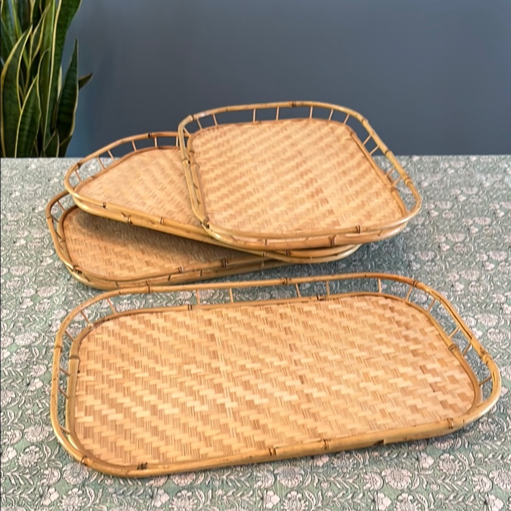 4 Pc Natural Bamboo Tray Set
